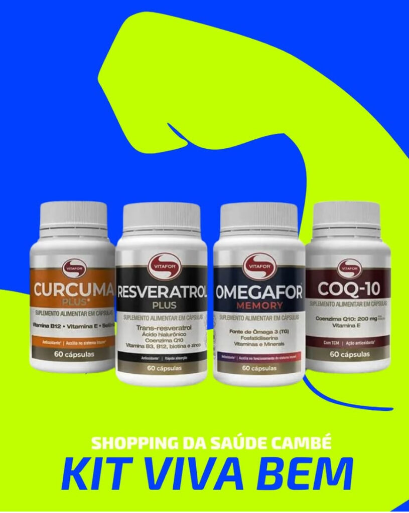 Kit Viva Bem do Shopp da Saúde – conjunto de suplementos Vitafor (Cúrcuma Plus, Resveratrol Plus, Omegafor Memory e CoQ-10), desenvolvidos para fortalecer imunidade, memória, energia e qualidade de vida.